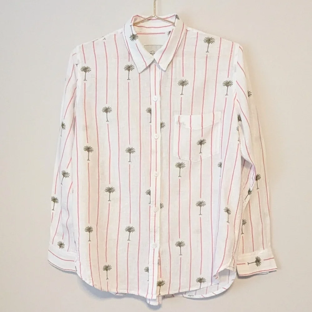 Rails Charli L/S Button Down Linen Shirt In Pink Palm Tree Stripe Size Small EUC - Picture 6 of 10